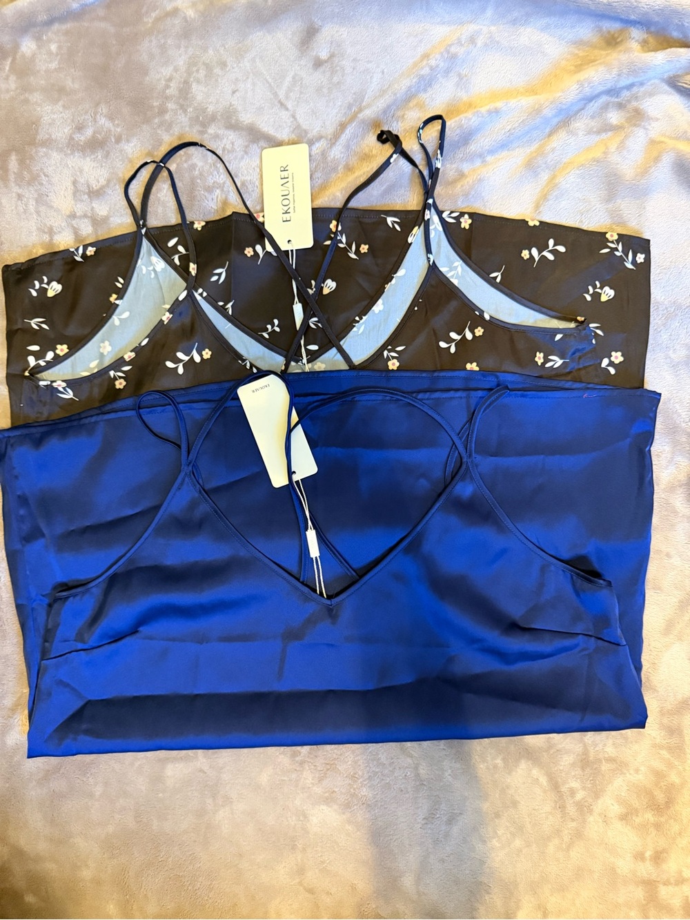 Two Satin V-Neck Camisole Tank - Royal Blue & black floral - Picture 3 of 9